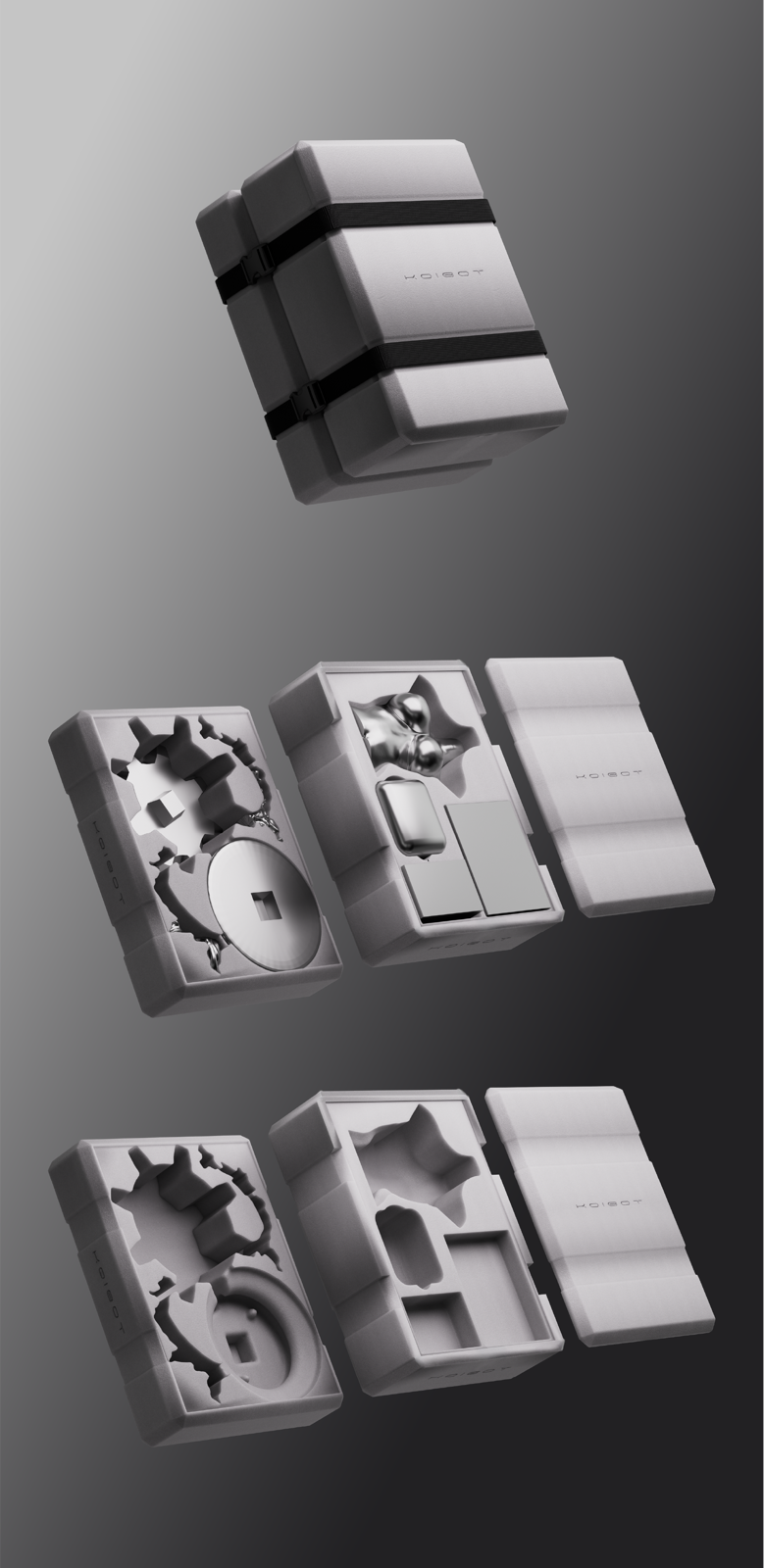 ROLA One custom protective packaging — exploded view of the foam-cradled case